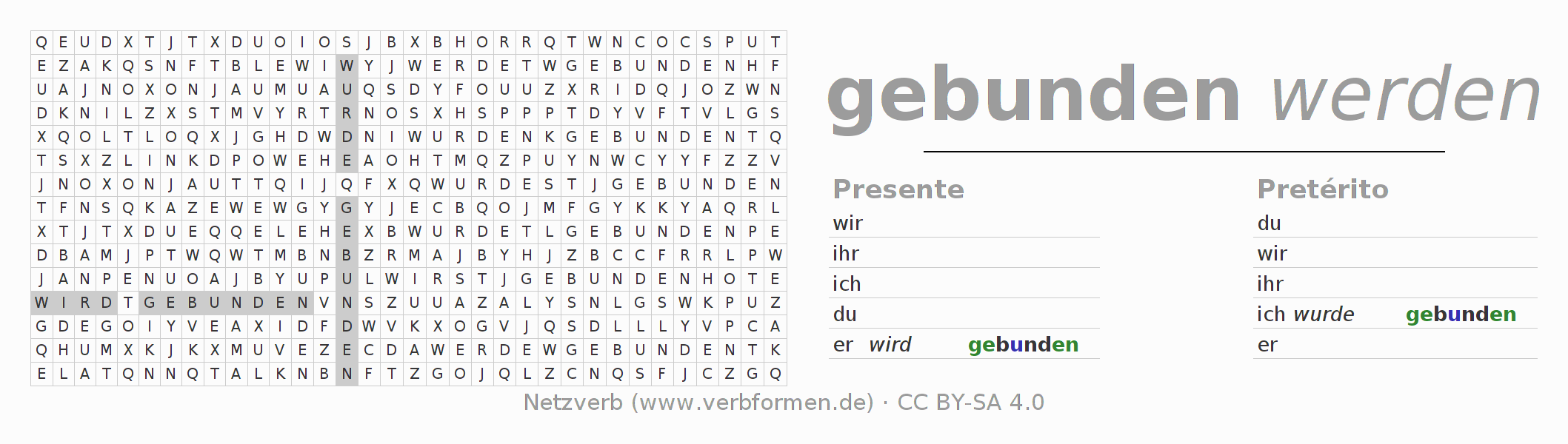 Caça-palavras com a conjugação do verbo binden