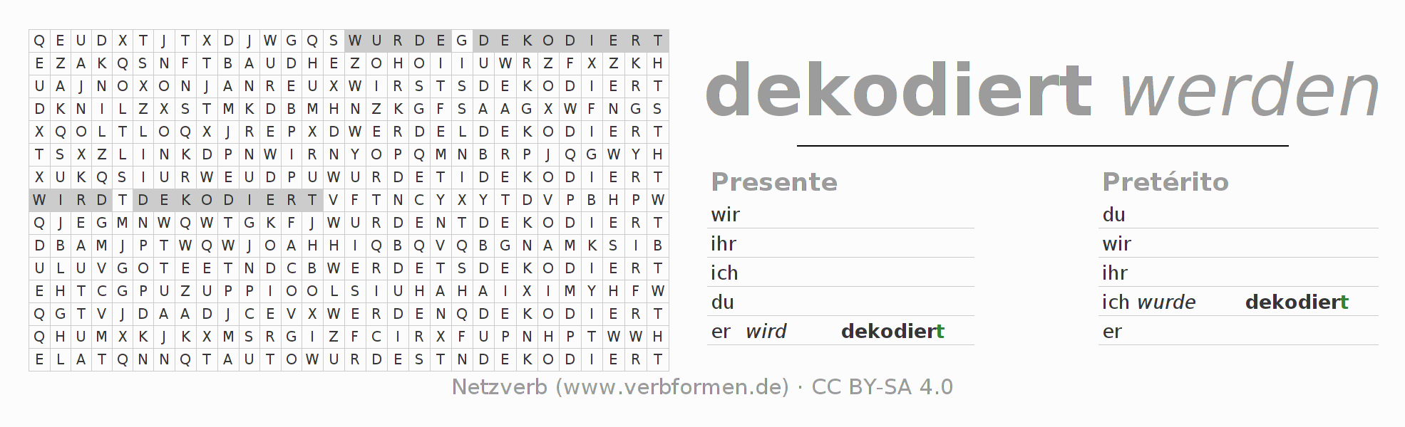 Caça-palavras com a conjugação do verbo dekodieren