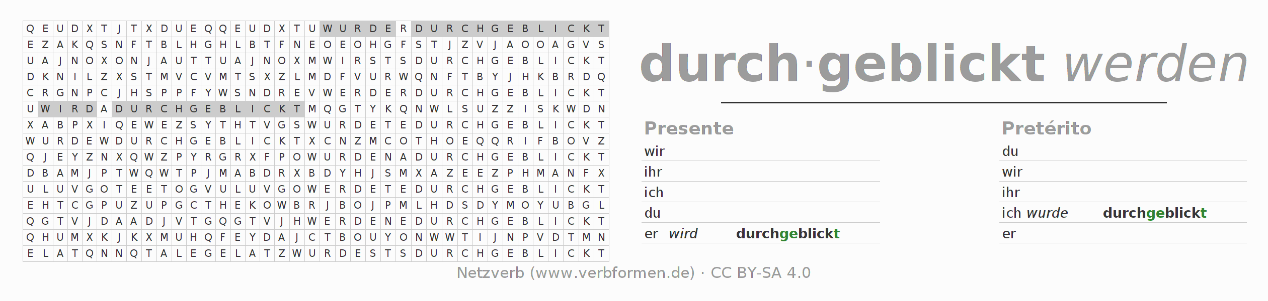 Caça-palavras com a conjugação do verbo durchblicken