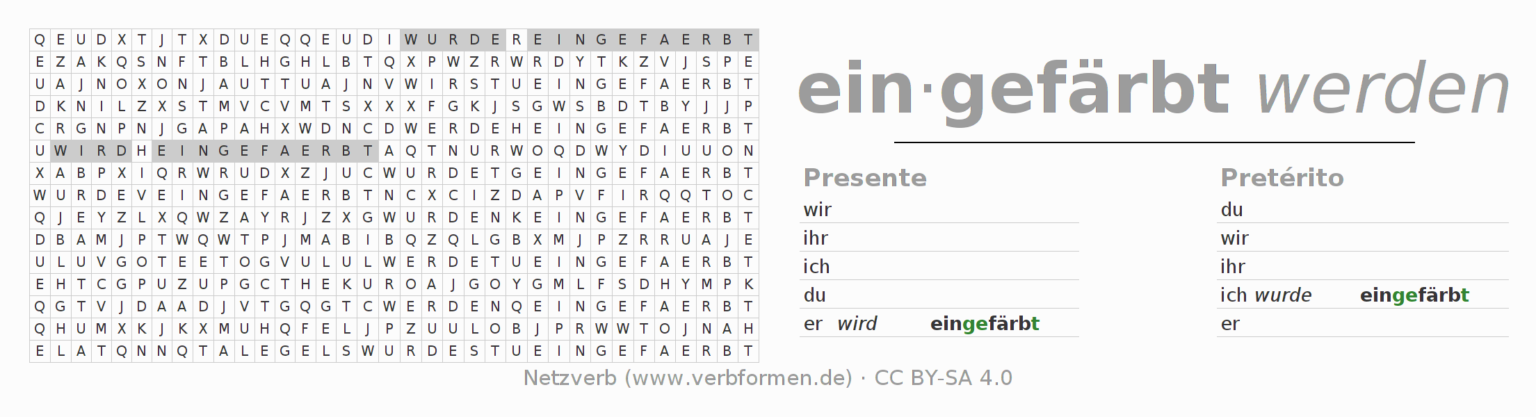 Caça-palavras com a conjugação do verbo einfärben