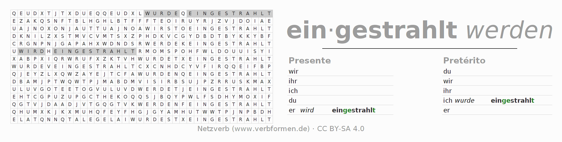 Caça-palavras com a conjugação do verbo einstrahlen