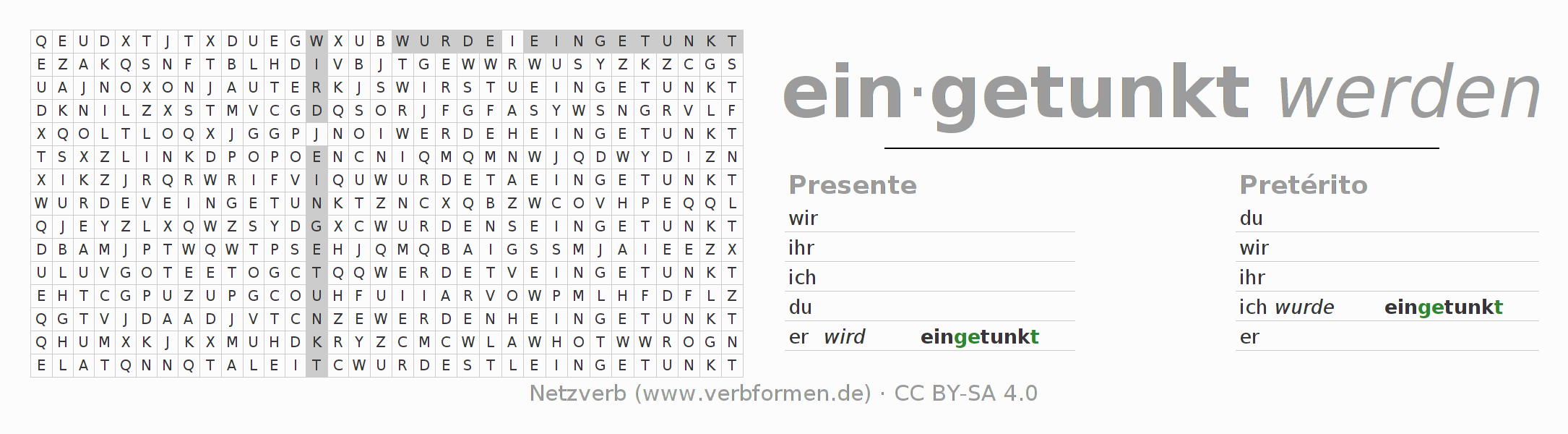Caça-palavras com a conjugação do verbo eintunken