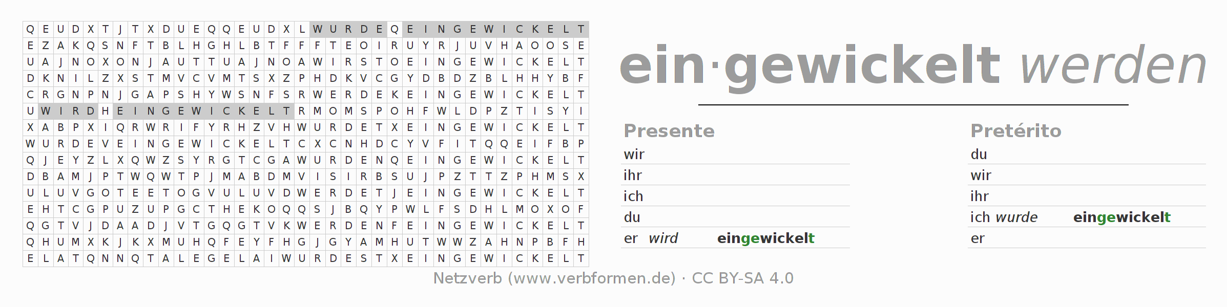 Caça-palavras com a conjugação do verbo einwickeln