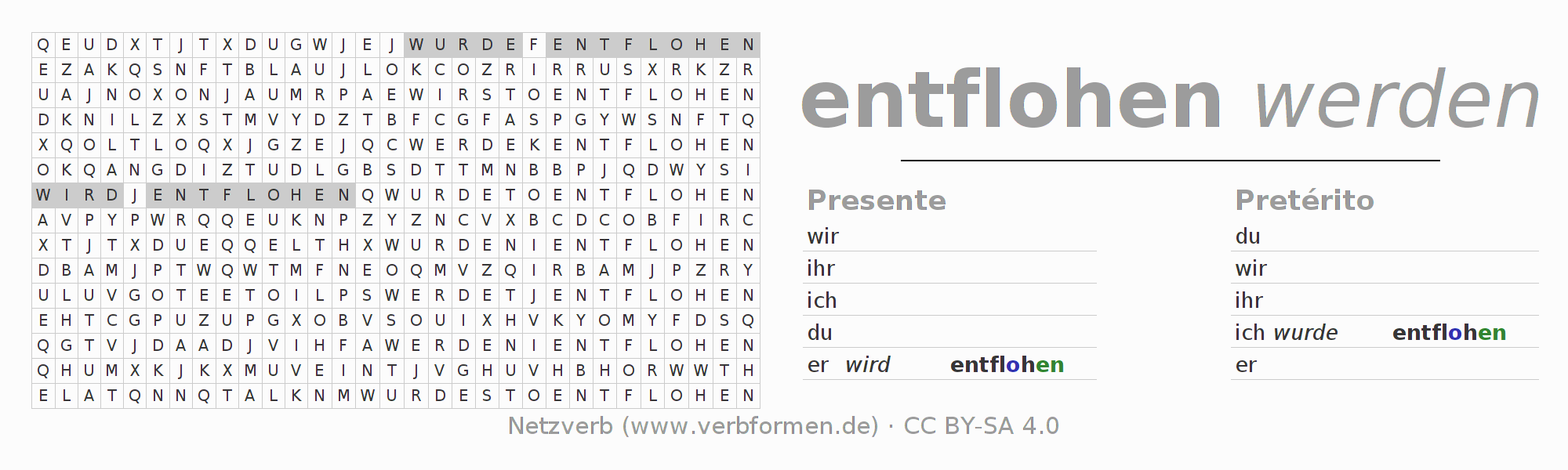 Caça-palavras com a conjugação do verbo entfliehen