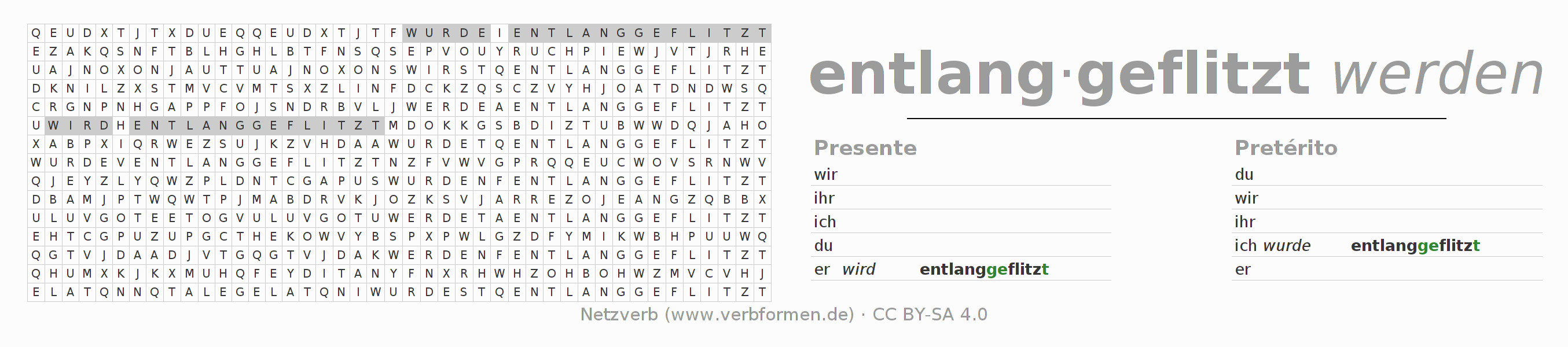 Caça-palavras com a conjugação do verbo entlangflitzen