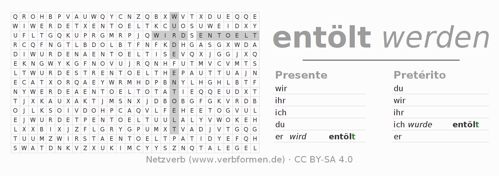Caça-palavras com a conjugação do verbo entölen