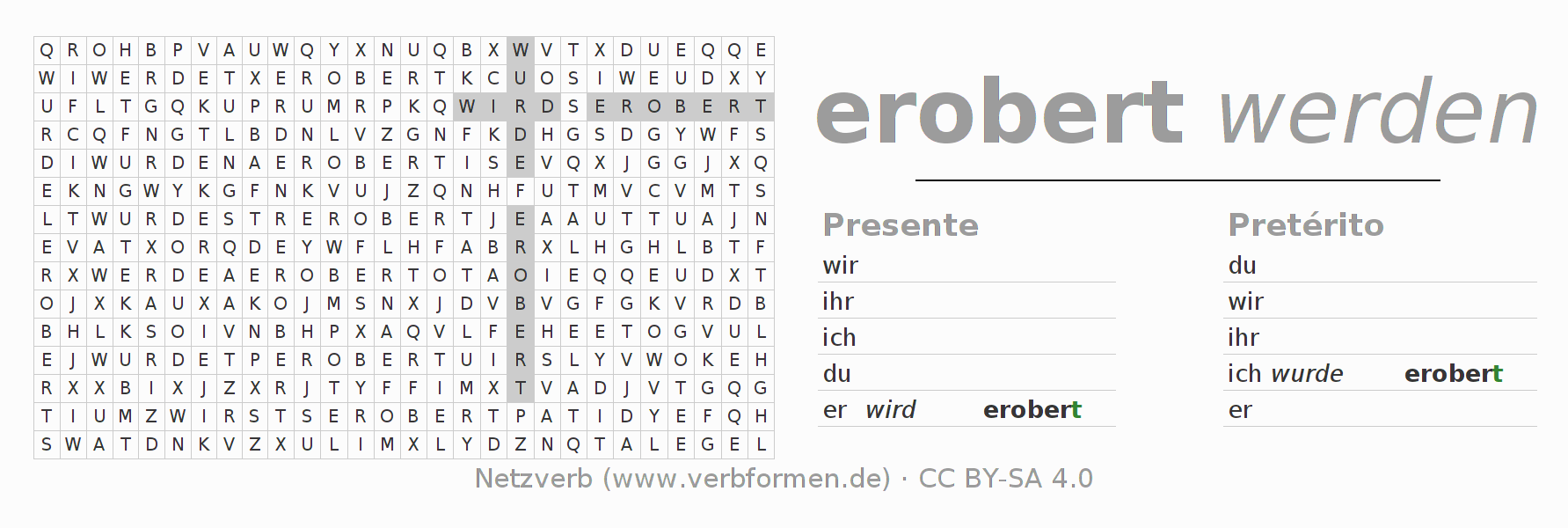 Caça-palavras com a conjugação do verbo erobern