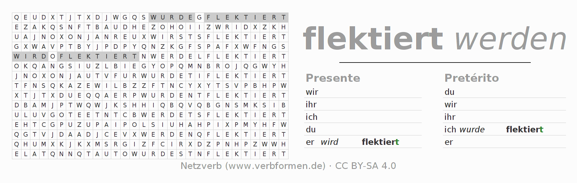Caça-palavras com a conjugação do verbo flektieren
