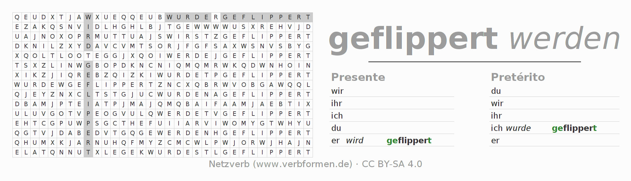 Caça-palavras com a conjugação do verbo flippern