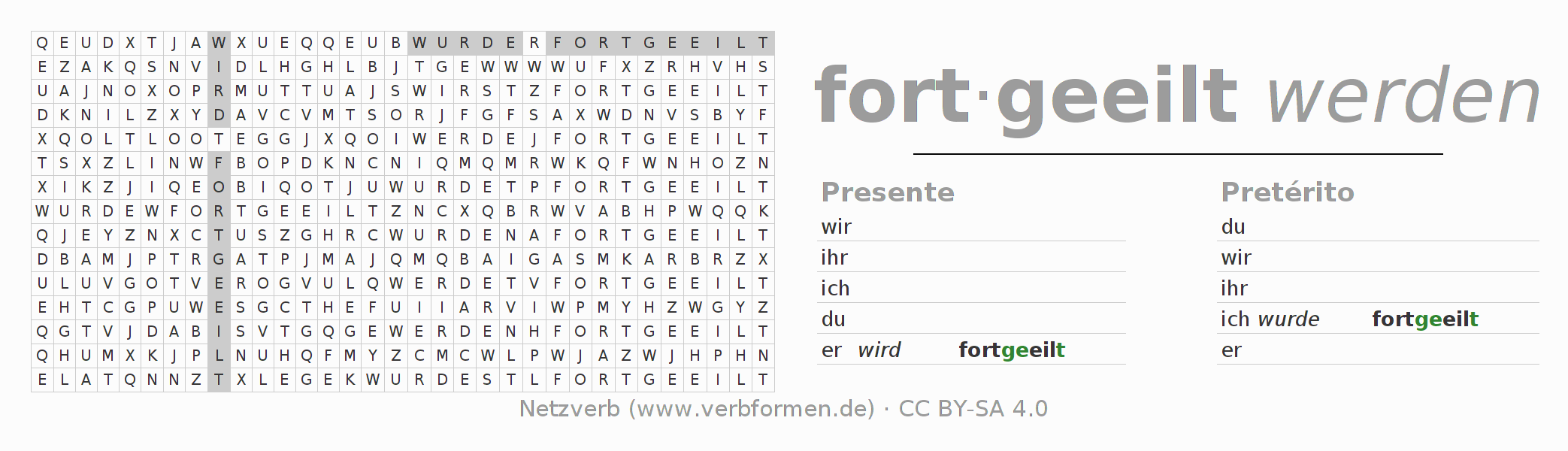 Caça-palavras com a conjugação do verbo forteilen
