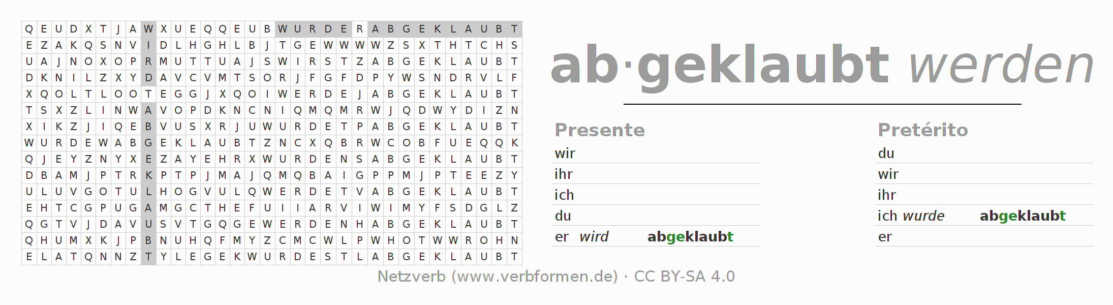 Caça-palavras com a conjugação do verbo abklauben