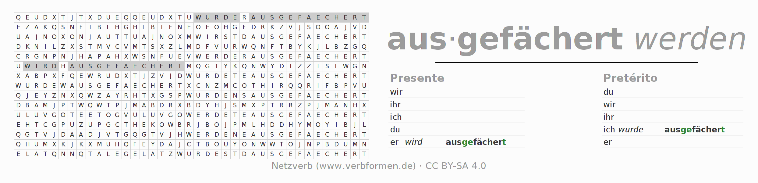 Caça-palavras com a conjugação do verbo ausfächern