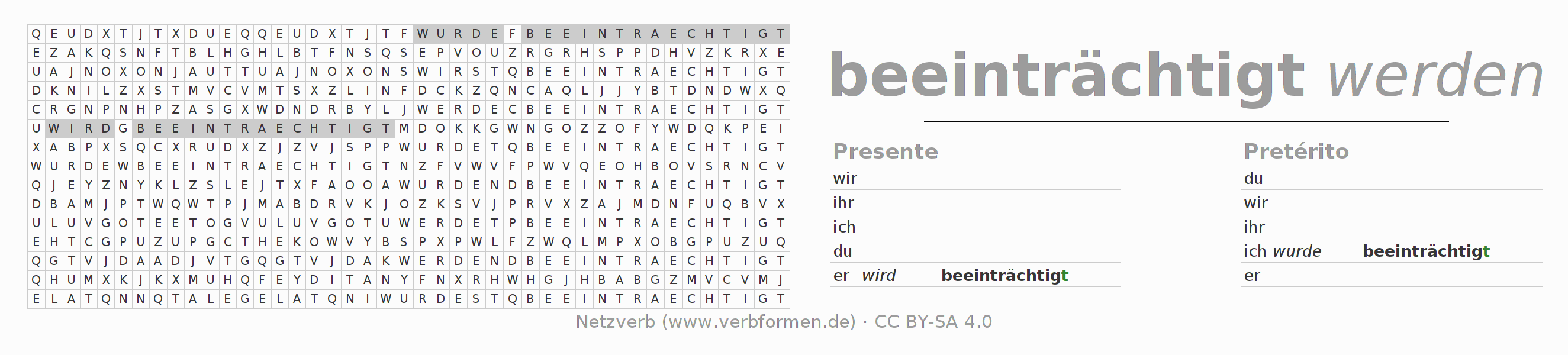 Caça-palavras com a conjugação do verbo beeinträchtigen