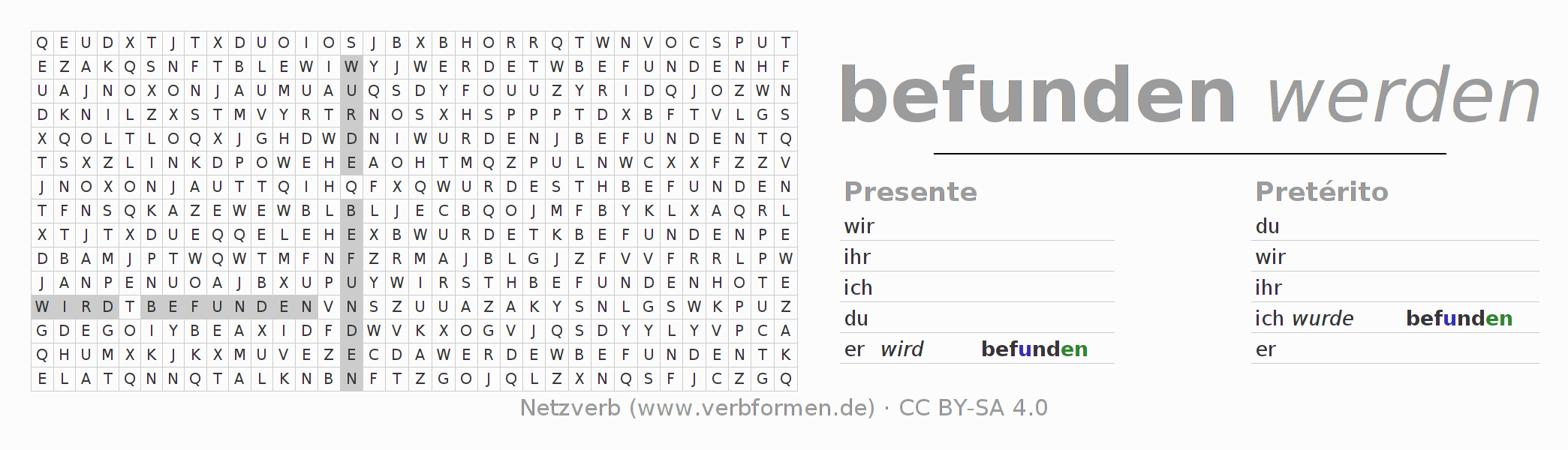 Caça-palavras com a conjugação do verbo befinden