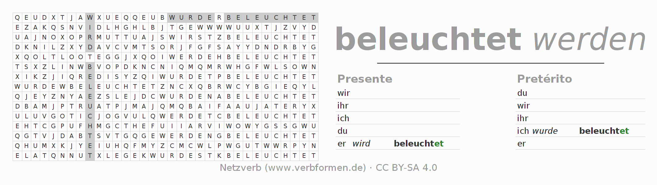 Caça-palavras com a conjugação do verbo beleuchten