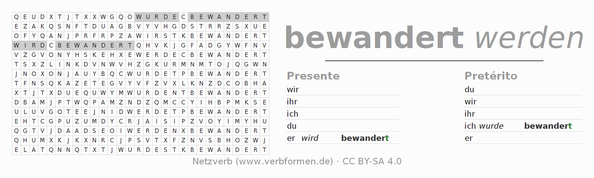 Caça-palavras com a conjugação do verbo bewandern