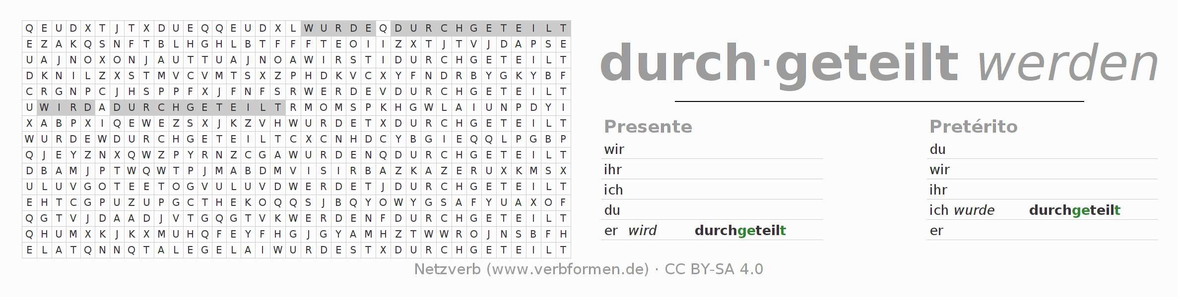 Caça-palavras com a conjugação do verbo durchteilen
