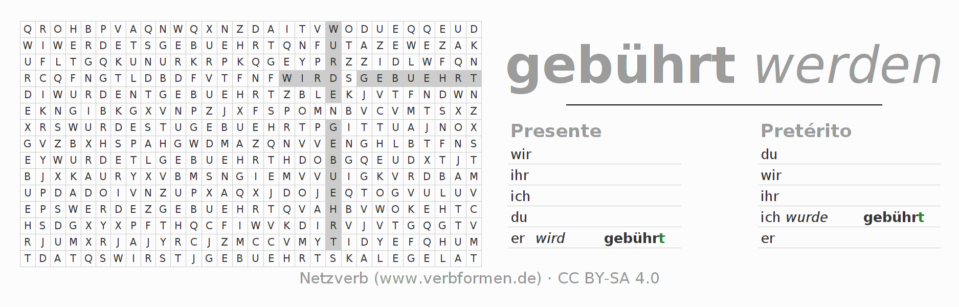 Caça-palavras com a conjugação do verbo gebühren