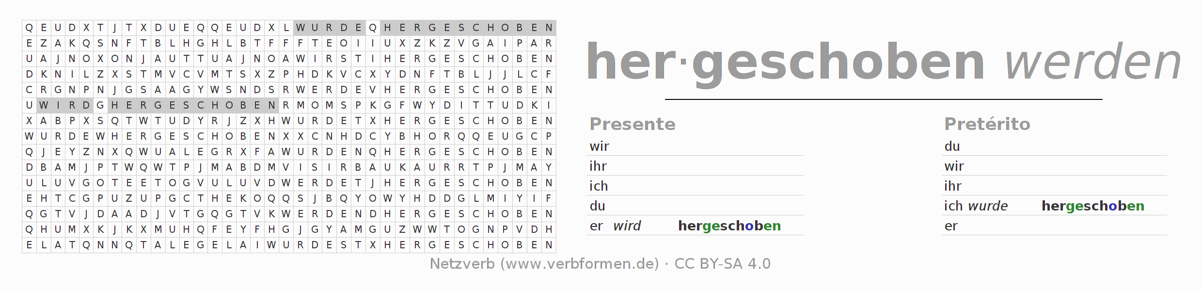 Caça-palavras com a conjugação do verbo herschieben