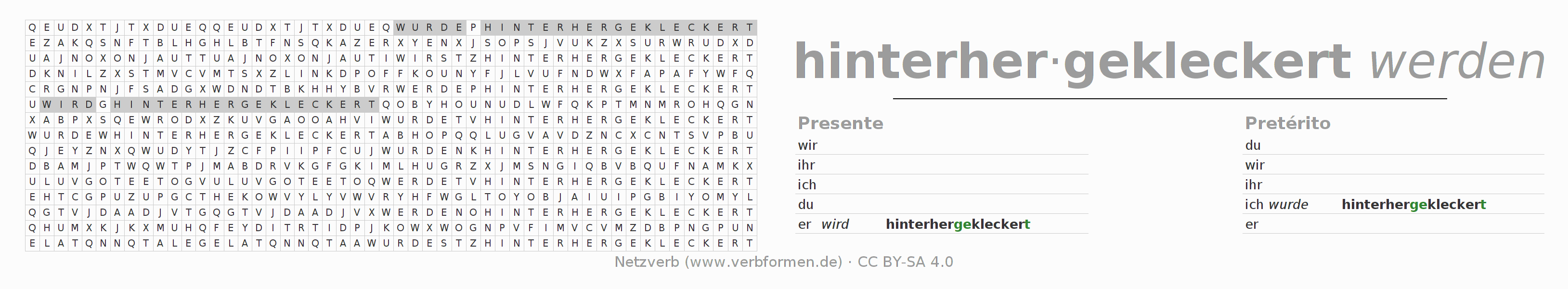 Caça-palavras com a conjugação do verbo hinterherkleckern