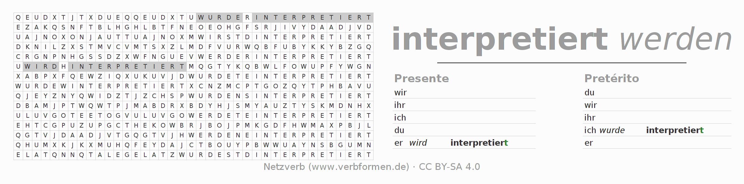 Caça-palavras com a conjugação do verbo interpretieren