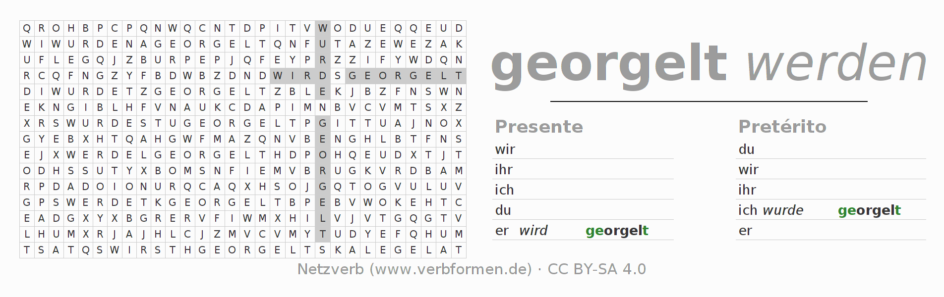 Caça-palavras com a conjugação do verbo orgeln