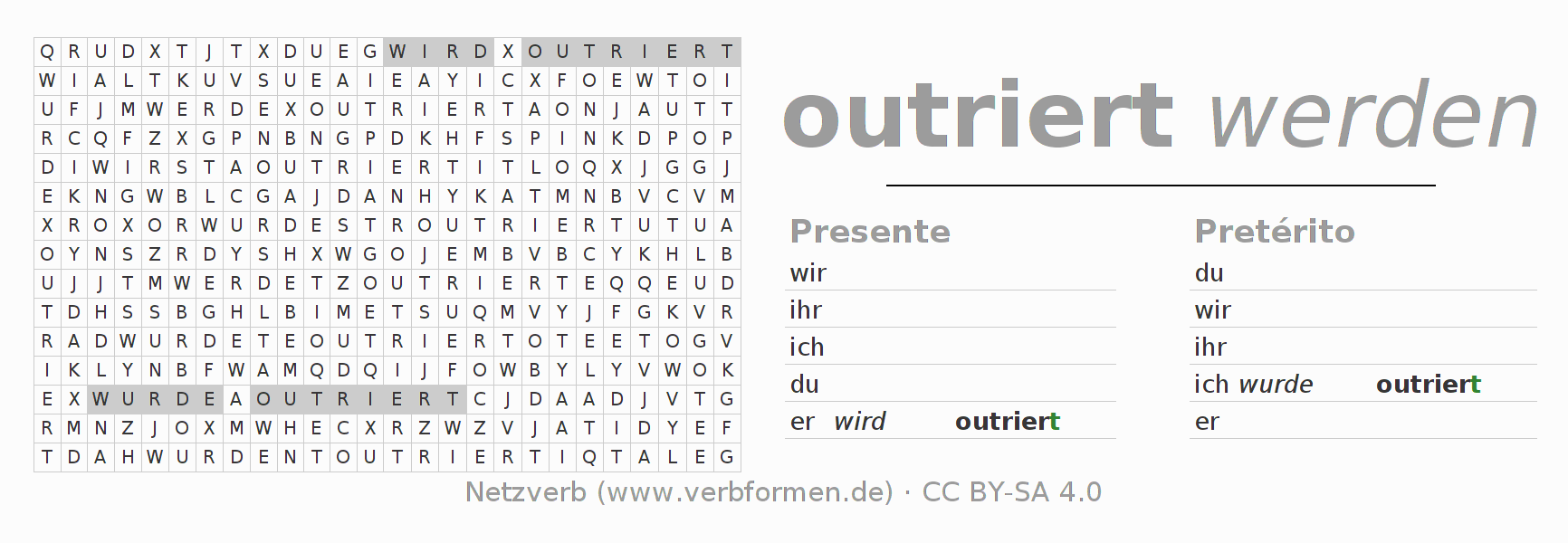 Caça-palavras com a conjugação do verbo outrieren