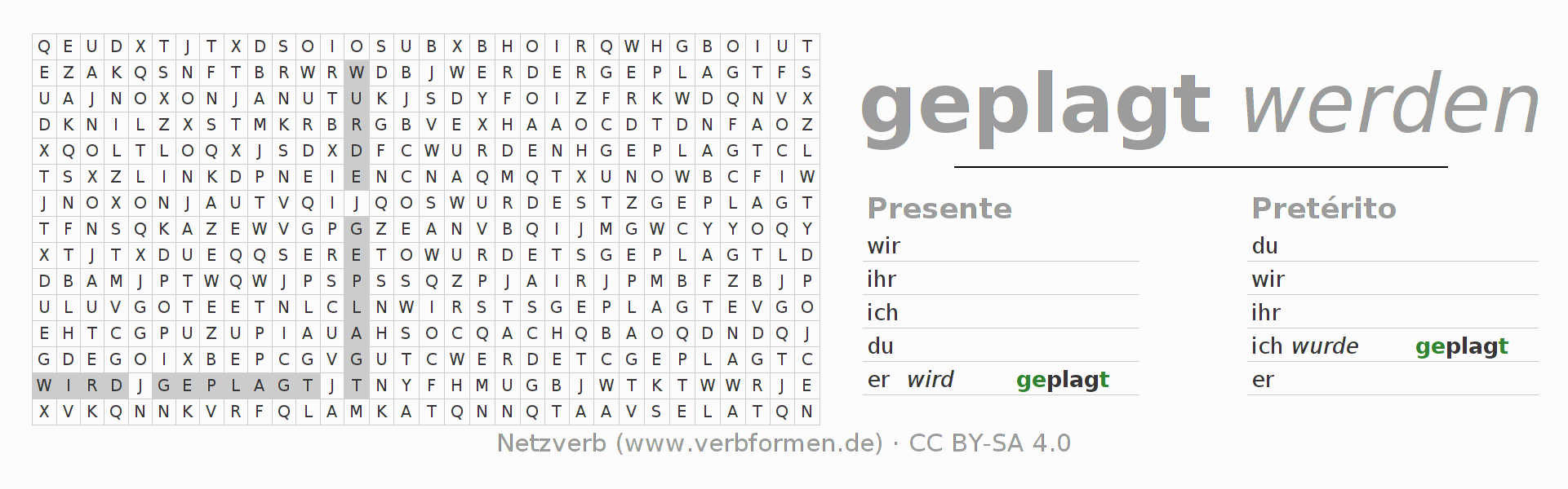 Caça-palavras com a conjugação do verbo plagen