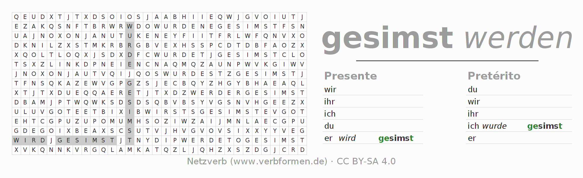 Caça-palavras com a conjugação do verbo simsen