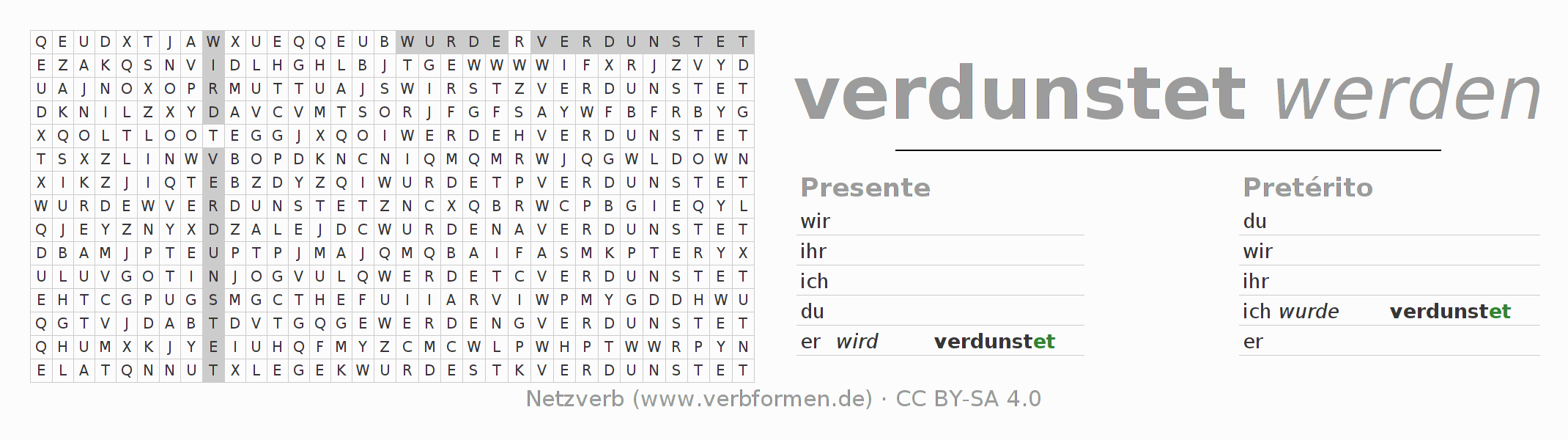 Caça-palavras com a conjugação do verbo verdunsten (ist)