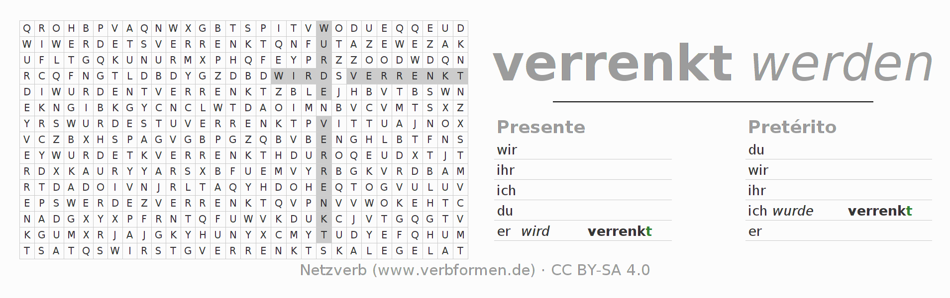 Caça-palavras com a conjugação do verbo verrenken