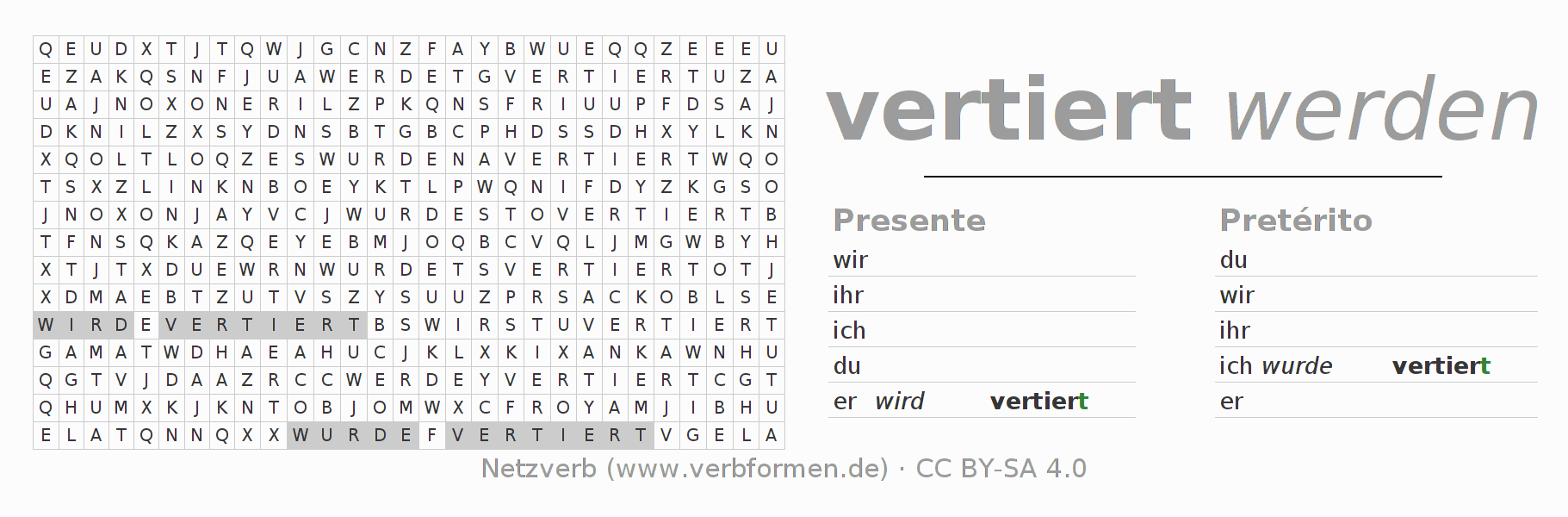 Caça-palavras com a conjugação do verbo vertieren