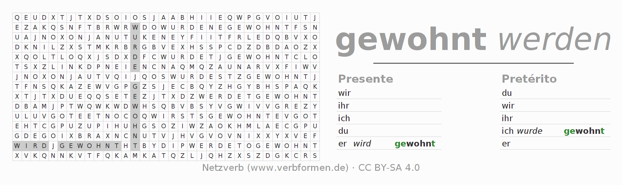 Caça-palavras com a conjugação do verbo wohnen