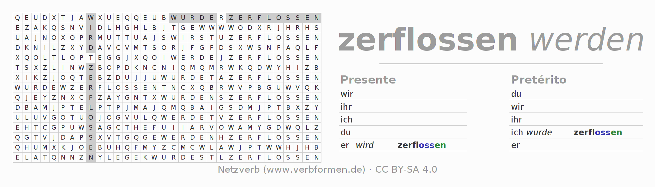 Caça-palavras com a conjugação do verbo zerfließen