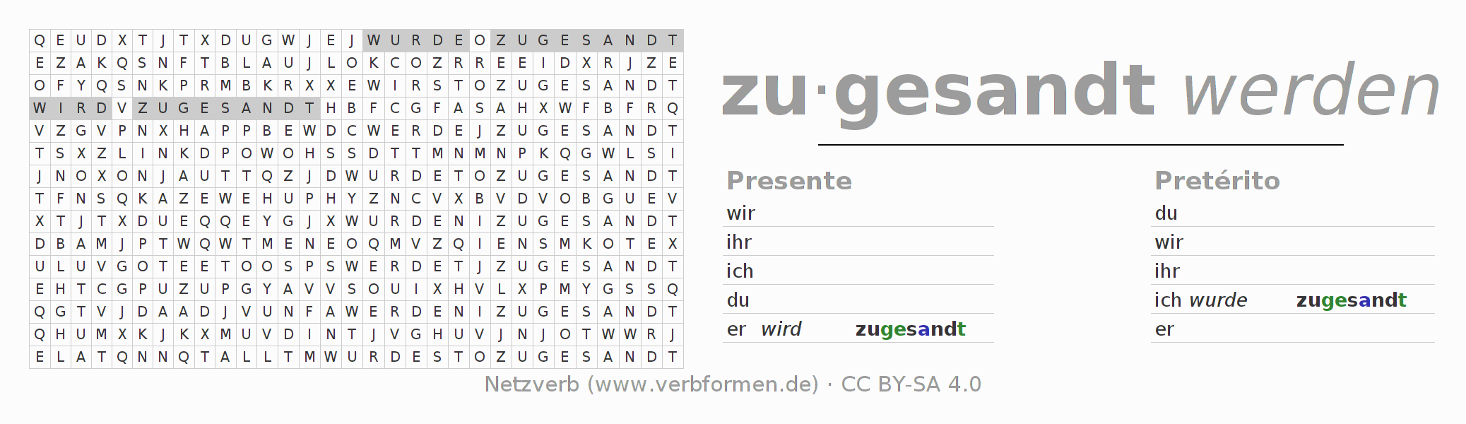 Caça-palavras com a conjugação do verbo zusenden (unr)