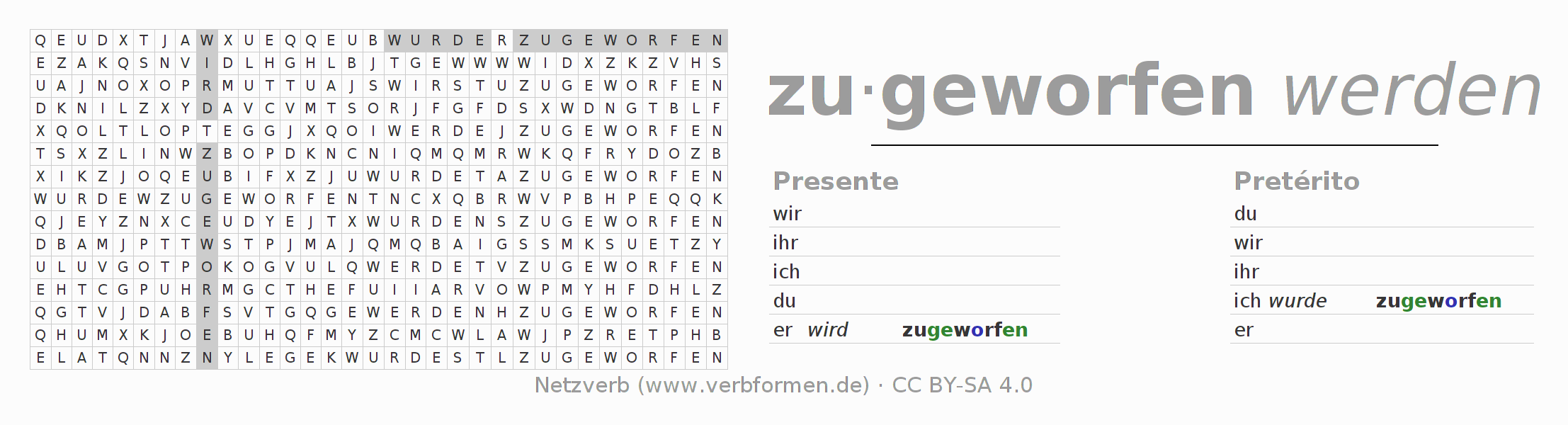 Caça-palavras com a conjugação do verbo zuwerfen