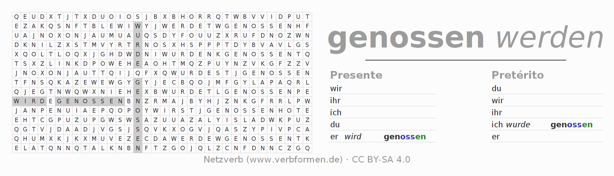 Caça-palavras com a conjugação do verbo genießen