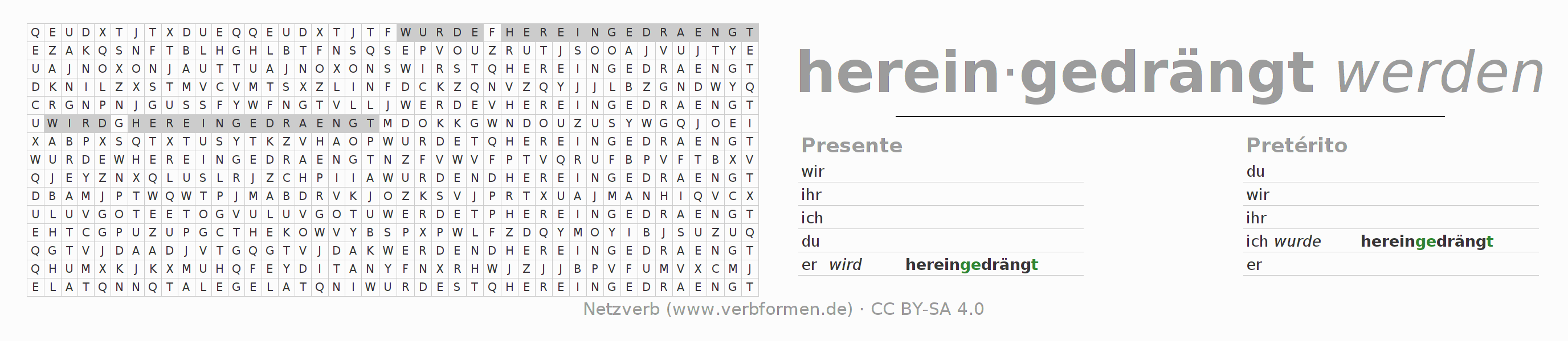 Caça-palavras com a conjugação do verbo hereindrängen