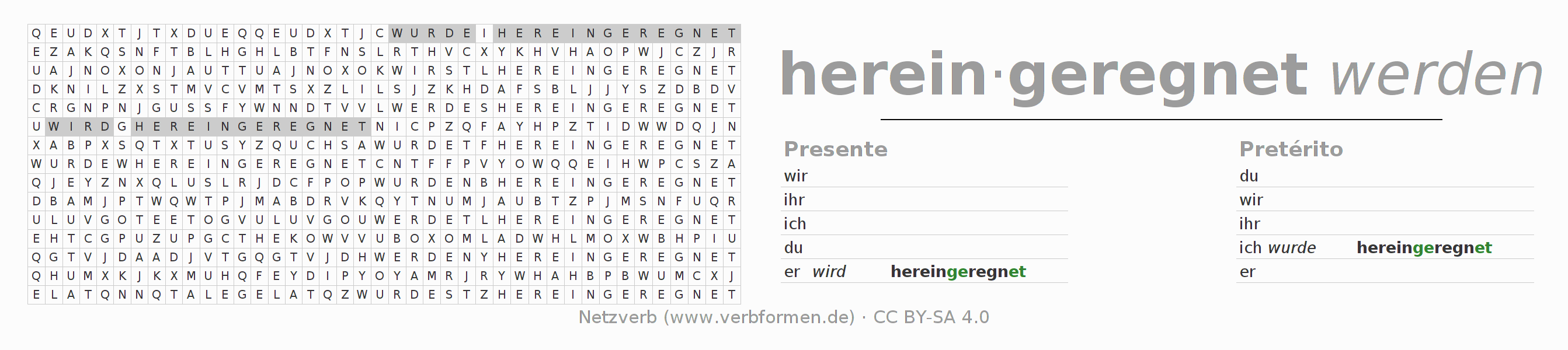 Caça-palavras com a conjugação do verbo hereinregnen