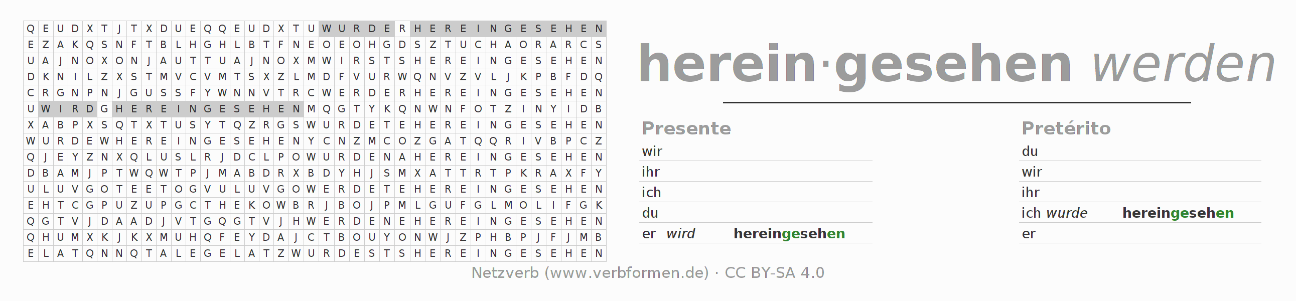 Caça-palavras com a conjugação do verbo hereinsehen