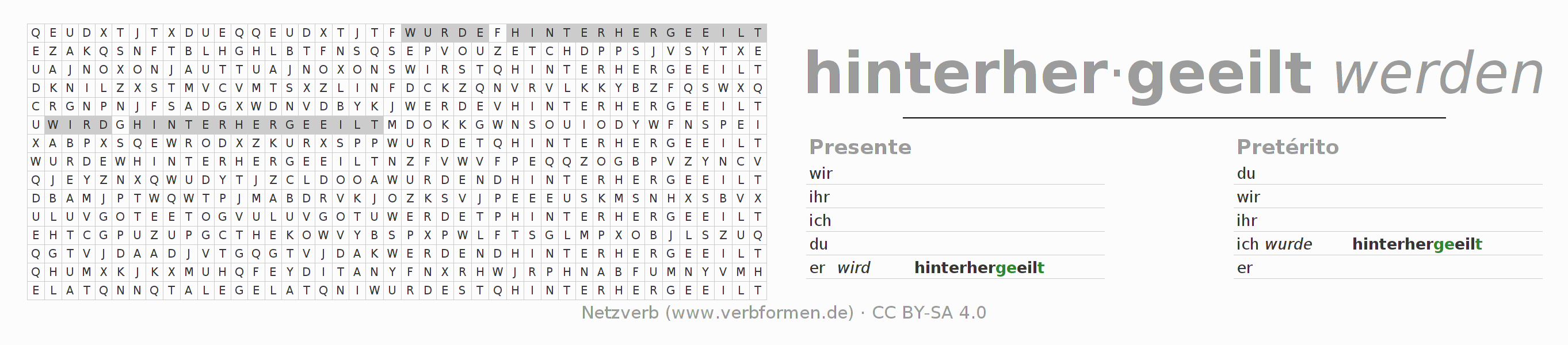 Caça-palavras com a conjugação do verbo hinterhereilen