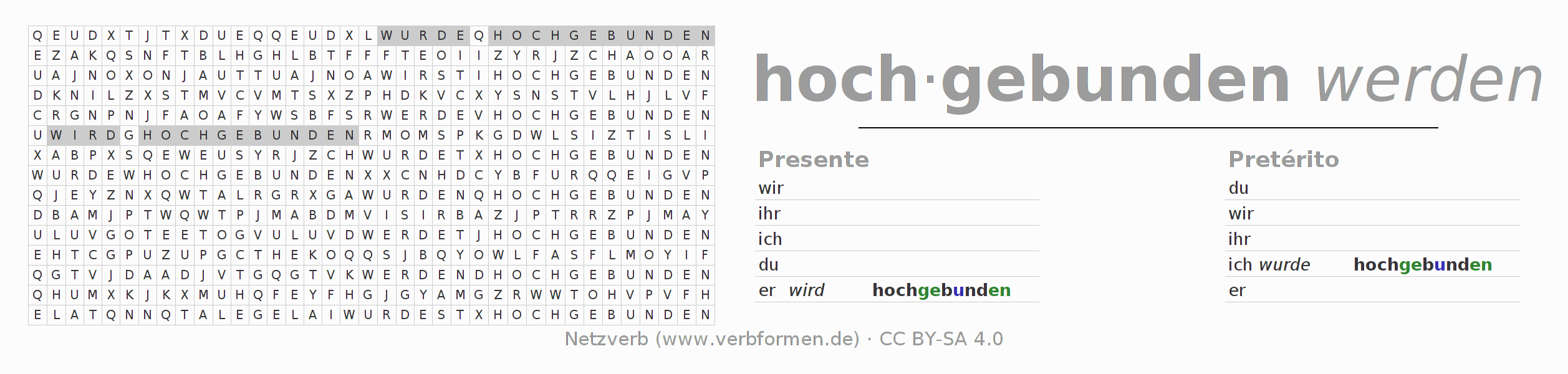 Caça-palavras com a conjugação do verbo hochbinden