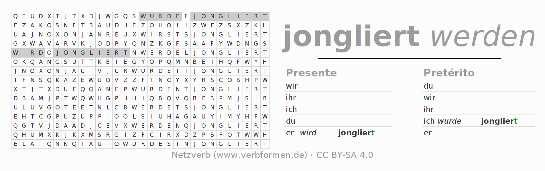 Caça-palavras com a conjugação do verbo jonglieren