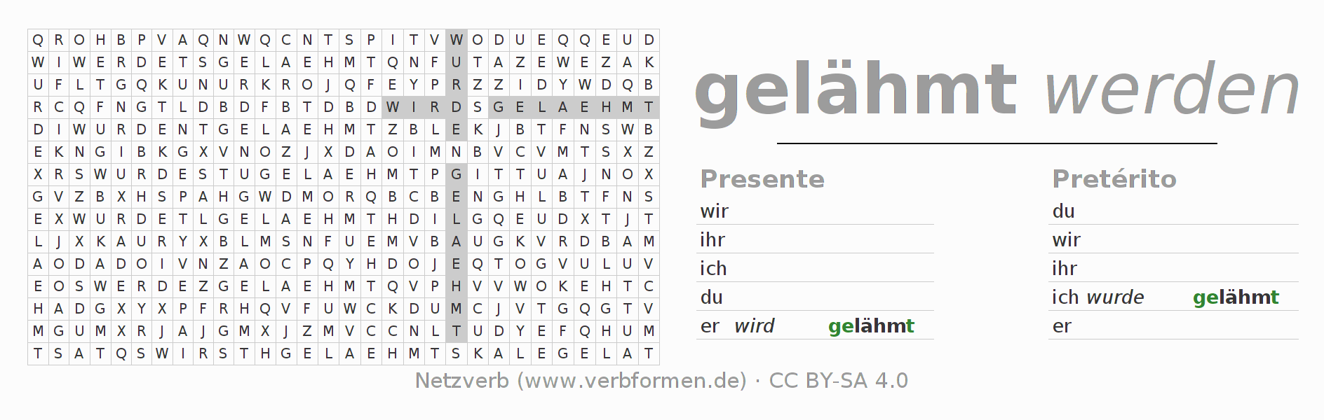 Caça-palavras com a conjugação do verbo lähmen