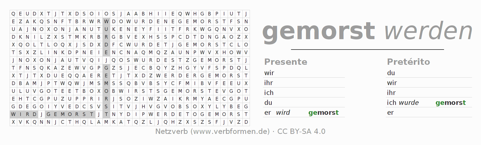 Caça-palavras com a conjugação do verbo morsen