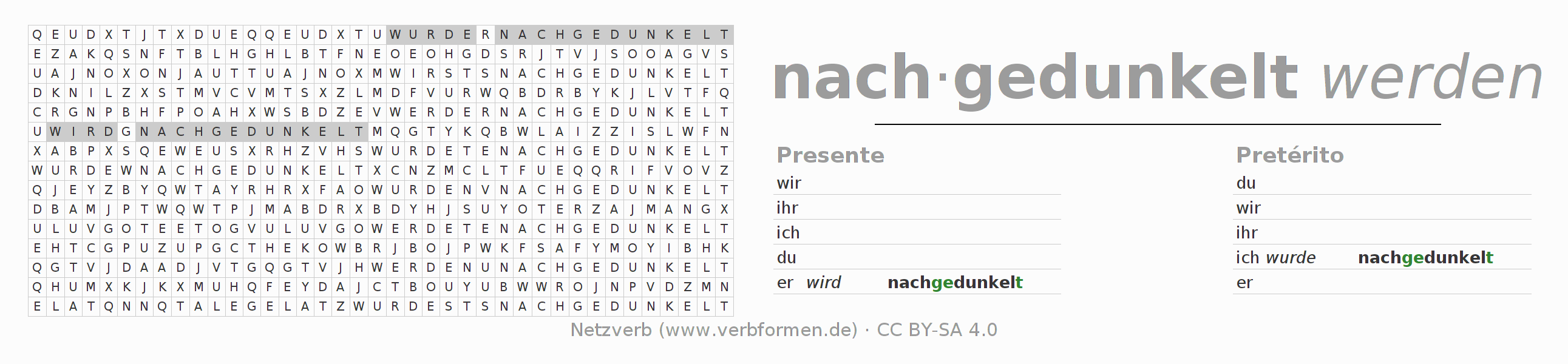 Caça-palavras com a conjugação do verbo nachdunkeln (hat)