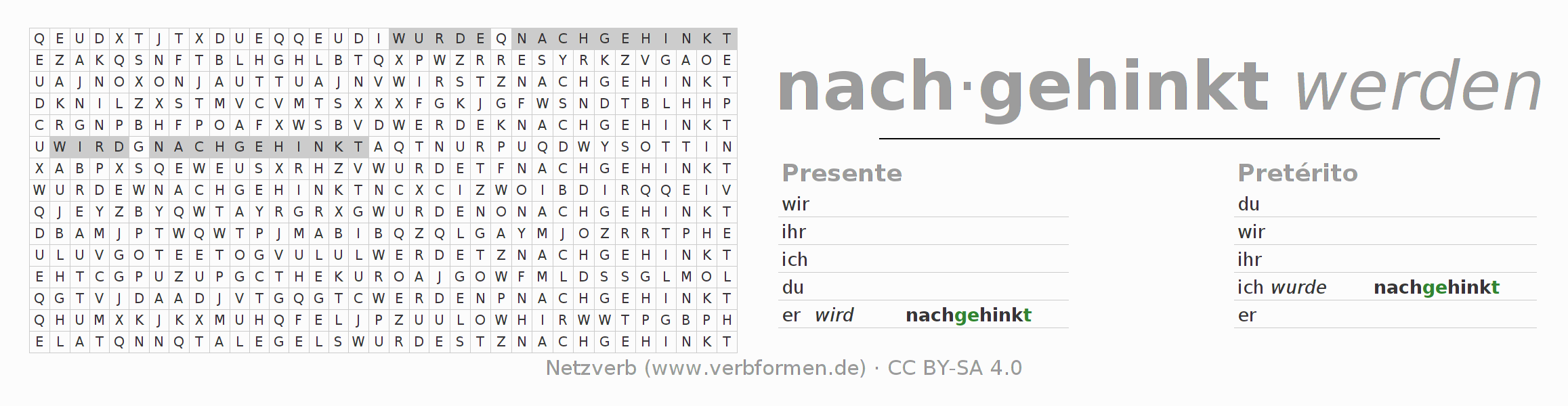 Caça-palavras com a conjugação do verbo nachhinken