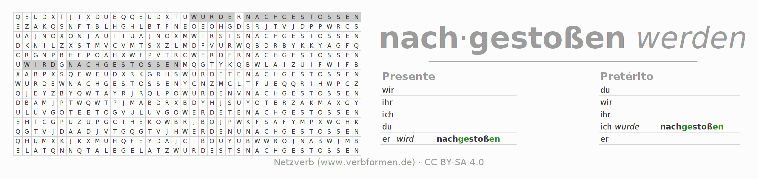 Caça-palavras com a conjugação do verbo nachstoßen (hat)