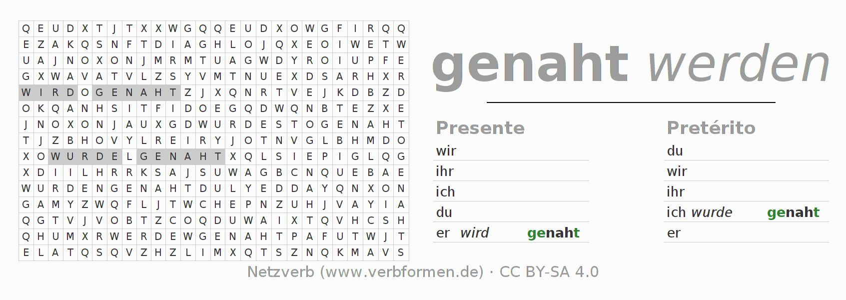 Caça-palavras com a conjugação do verbo nahen (ist)