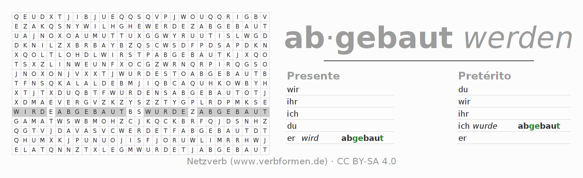 Caça-palavras com a conjugação do verbo abbauen